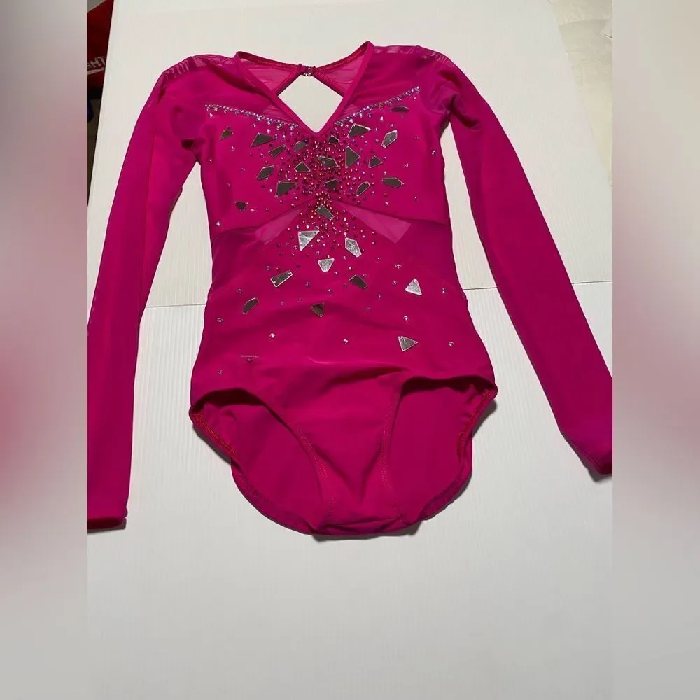 Competition Custom contemporary solo dance costume pink illusion long sleeve XSA
